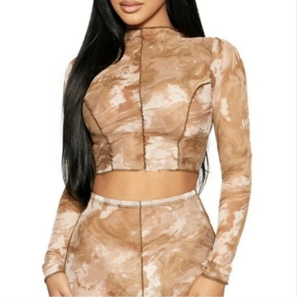 Naked Wardrobe Brown Marble Print Mock Neck Sheer Cropped Long Sleeve Top - Picture 2 of 8